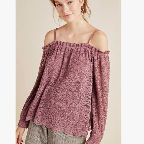 Anthropologie Eri + Ali Lace Off Shoulder Textured Lace Embroidered Top Small - Picture 1 of 11